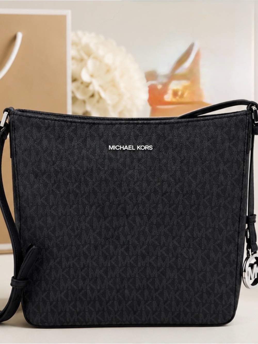 Michael Kors Jet Set Black Signature Crossbody Bag | Silver Hardware